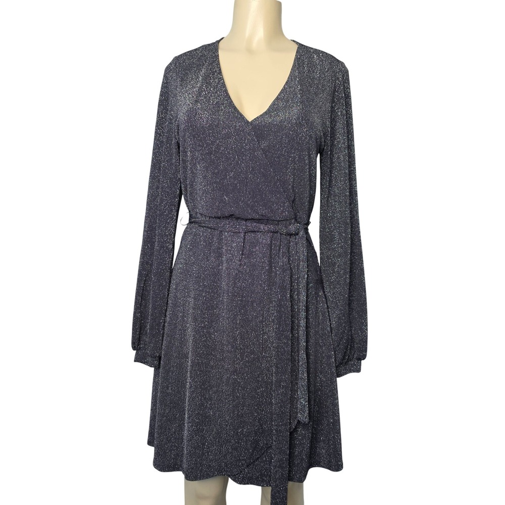 Charmed Hearts Dress Womens Medium Gray Shimmer Wrap Metallic Long Sleeve